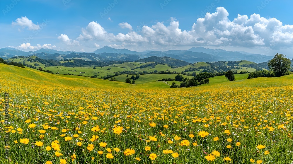 Breathtaking panoramic view of a vast rolling hillside covered in a vibrant carpet of blooming wildflowers in a serene picturesque countryside landscape Breathtaking panoramic view of a vast rolling hillside covered in a vibrant carpet of blooming wildflowers in a serene picturesque countryside landscape