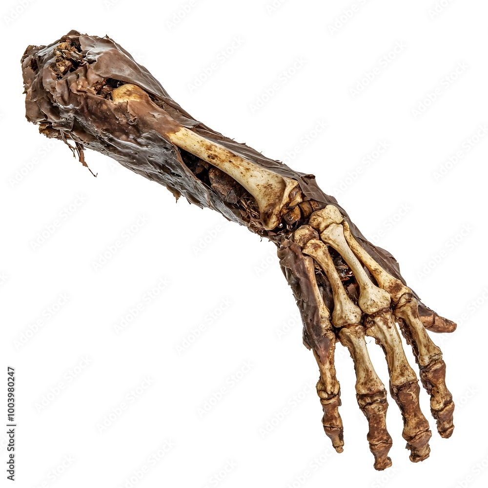 Fototapeta premium Decaying Zombie Arm with Exposed Bones on White Background
