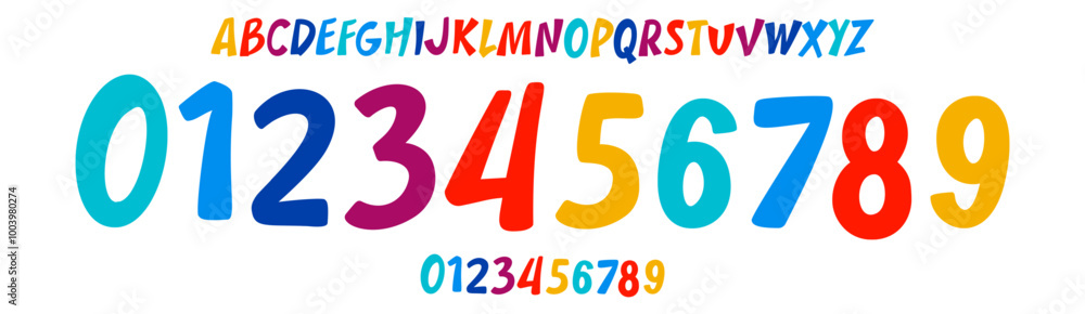 Playful colorful carnival font, bold rounded numbers and letters for kid fun designs, sports branding, jersey numbers, fest team merchandise. Vector typeset Playful colorful carnival font, bold rounded numbers and letters for kid fun designs, sports branding, jersey numbers, fest team merchandise. Vector typeset