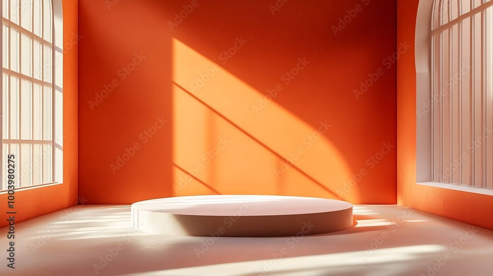 Fototapeta premium Bright and open 3D studio space with orange walls and a minimalist unadorned interior