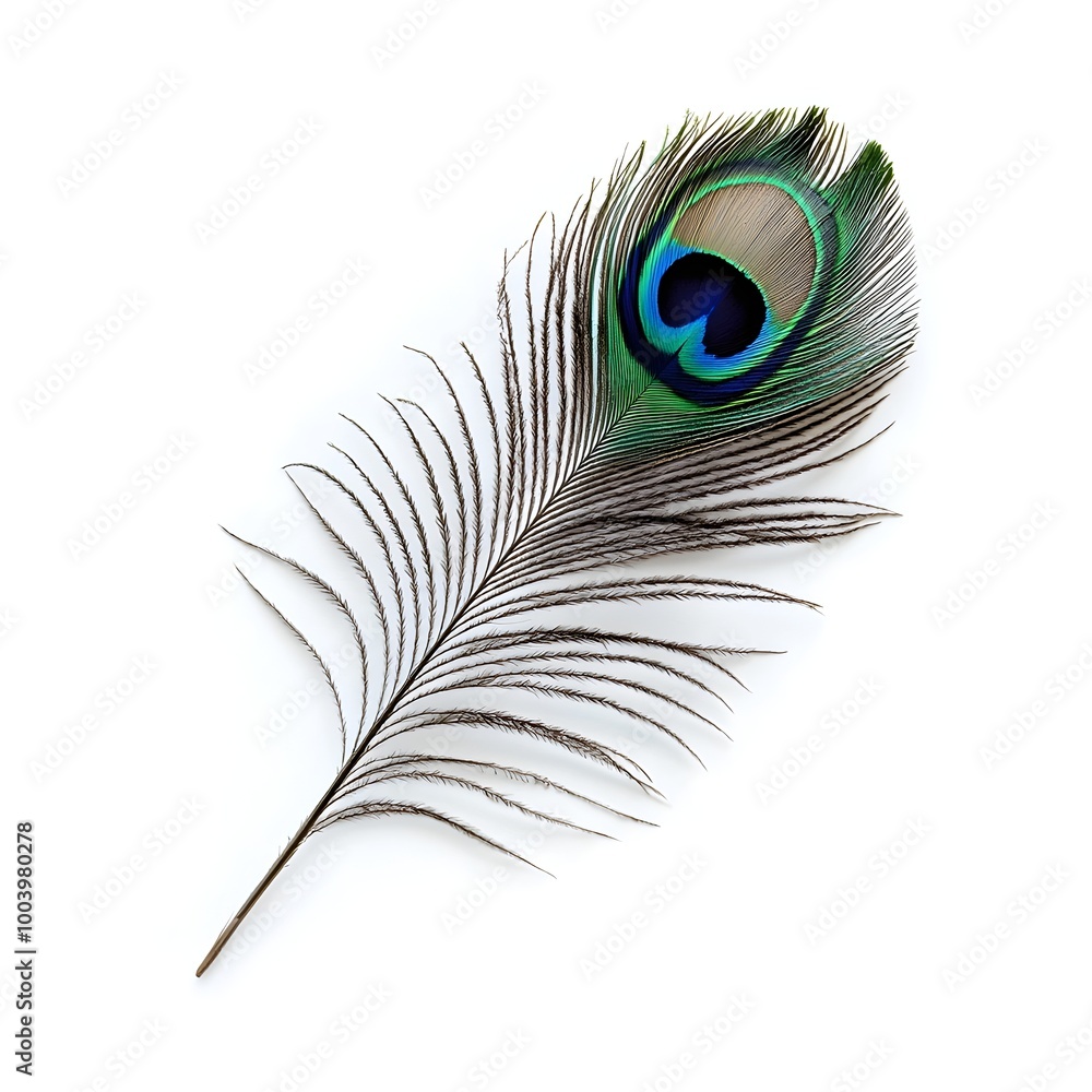 Obraz premium Delicate Peacock Feather with Intricate Eye Pattern on White Background