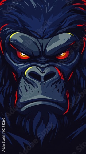 A stylized illustration of a fierce-looking gorilla face with intense eyes.