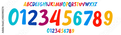 Playful colorful carnival font, bold rounded numbers and letters for kid fun designs, sports branding, jersey numbers, fest team merchandise. Vector typeset