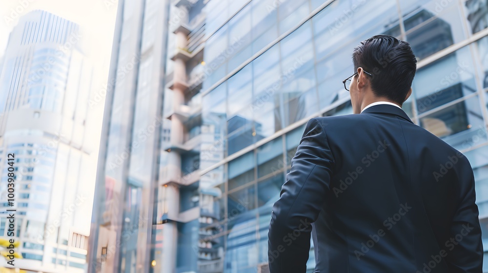 A Businessman Standing in Front of Modern Buildings A Businessman Standing in Front of Modern Buildings