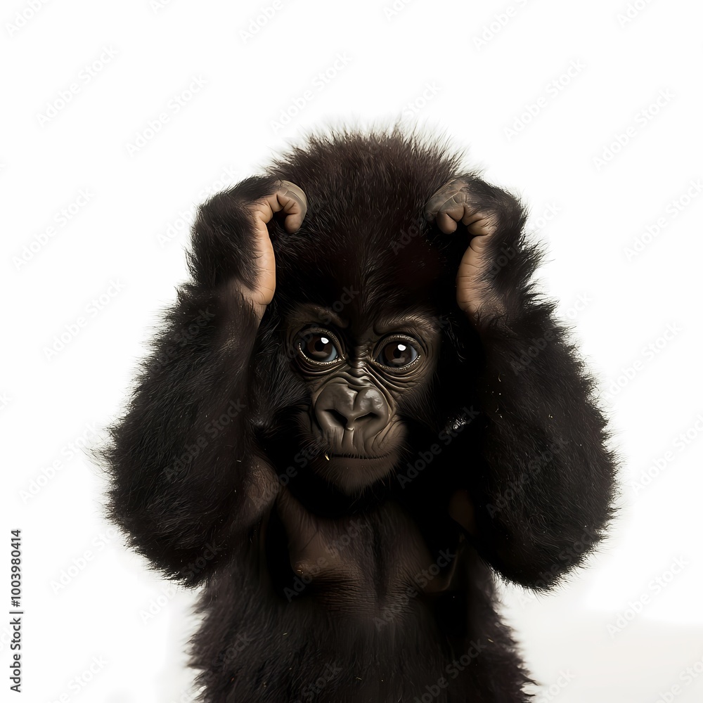 Fototapeta premium Baby Gorilla Sitting with Hands on Its Head
