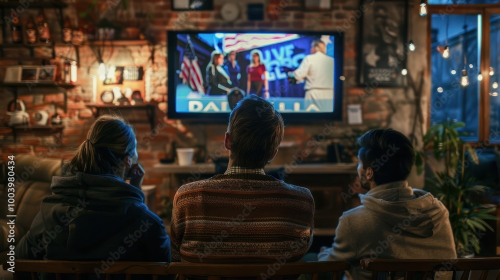 Obraz premium An election night scene with people gathered around a television watching results