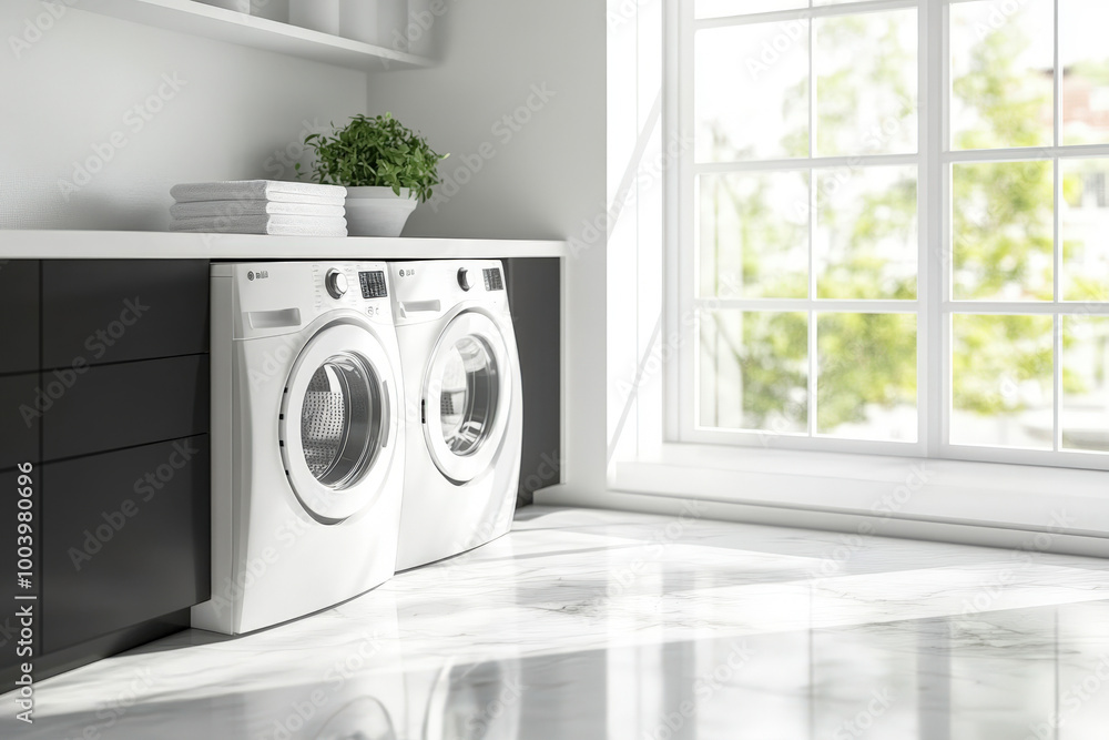 Modern washing machine and dryer standing in a bright laundry room with a window overlooking a green garden Modern washing machine and dryer standing in a bright laundry room with a window overlooking a green garden