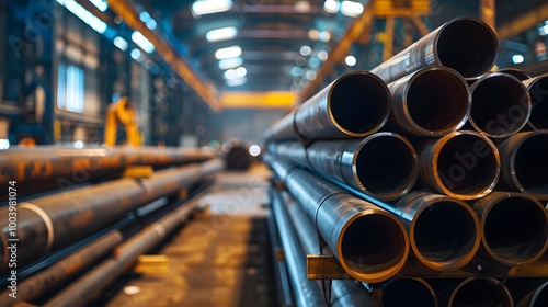 Stack of Metal Pipes in a Factory Setting