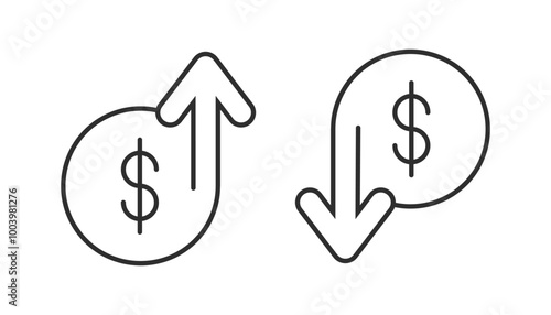 Cost reduction and rise up icon. Dollar increase and reduce arrow sign. Money rotation business symbol. Currency exchange. Vector elements isolated.