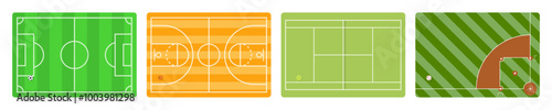 Sports court with ball. Basketball, baseball, football, tennis field courts. Top view stadium isolated on white background. Vector illustration.
