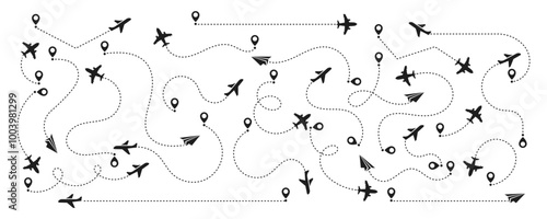 Airplane routes icon set. Aircraft dotted path travel vector icon. Line trace plane with location pins isolated on white background. Vector illustration.	
