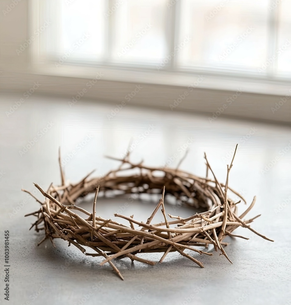 Fototapeta premium This artwork features a shadowy portrayal of Jesus' head adorned with a flowing, thorny crown, set against a textured concrete floor, embodying a powerful Easter theme.