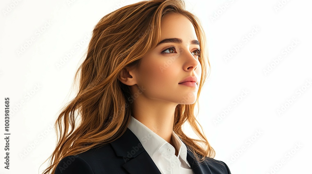 Young Woman with Long Blonde Hair Looking Up in a Black Blazer