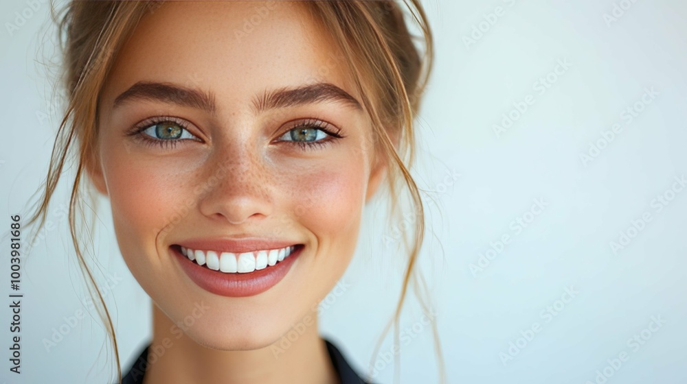 Close-up portrait of a young woman smiling with freckles and blue eyes Close-up portrait of a young woman smiling with freckles and blue eyes