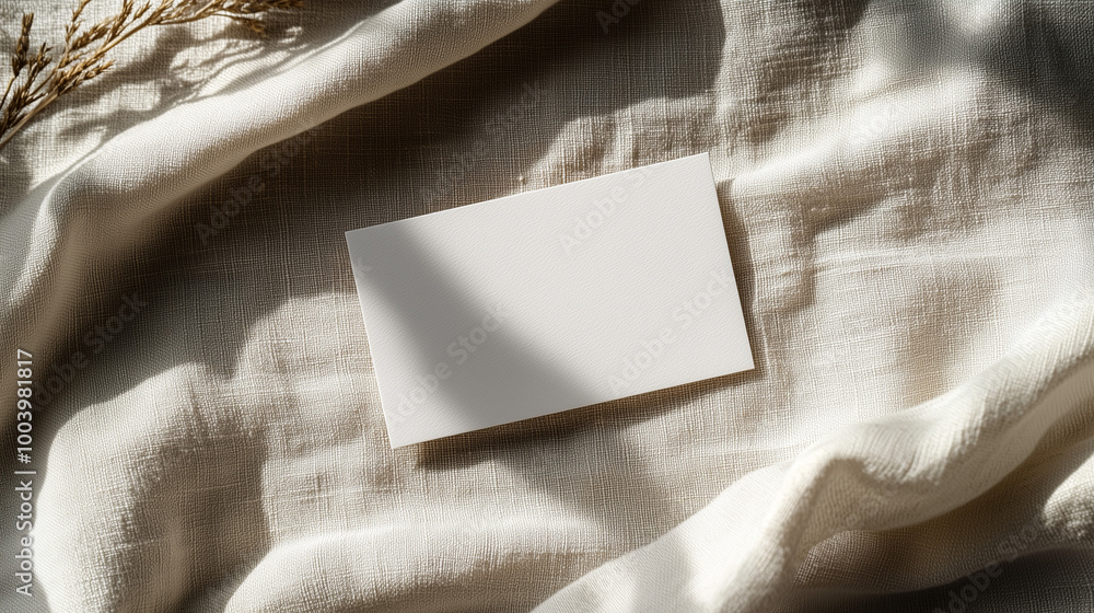 Blank White Card On Beige Textured Linen Fabric Background With Organic Lighting Blank White Card On Beige Textured Linen Fabric Background With Organic Lighting