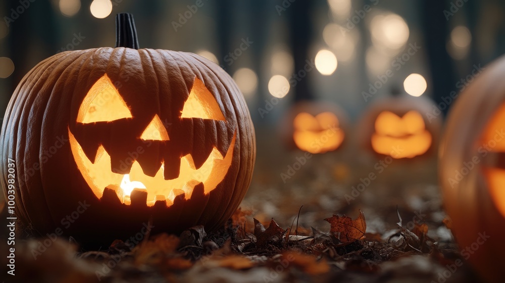 Spooky Jack-O'-Lanterns in a Mysterious Forest