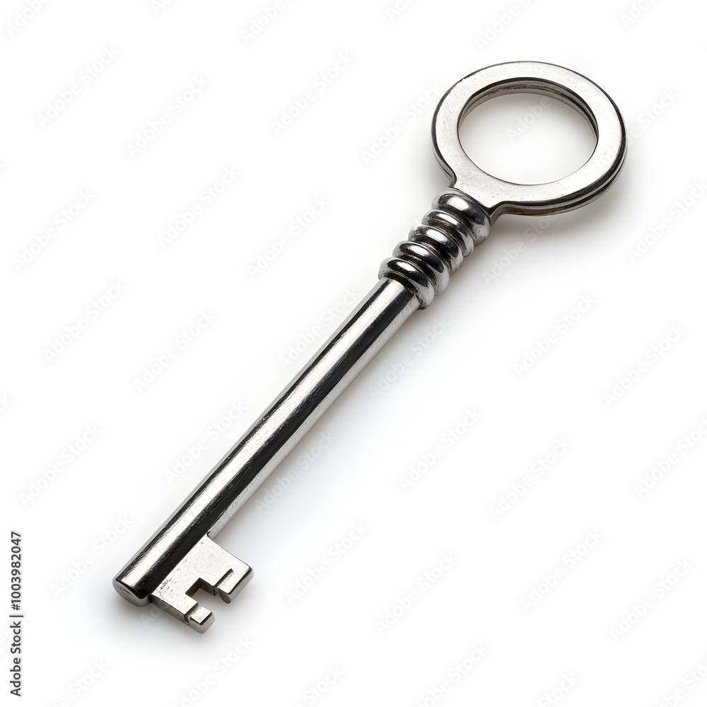 Sleek Modern Silver Metal Master Key Isolated on White Background Sleek Modern Silver Metal Master Key Isolated on White Background