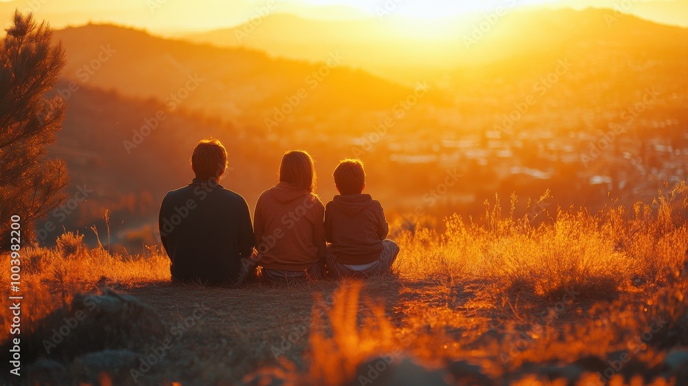 Silhouetted family enjoying a sunset view on a serene landscape. Silhouetted family enjoying a sunset view on a serene landscape.