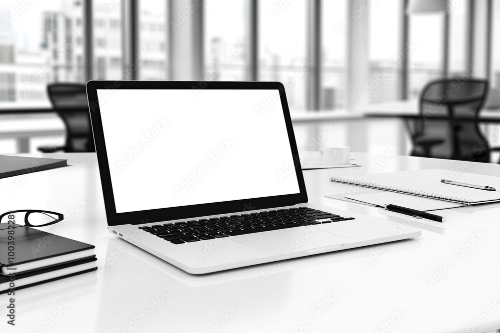 A clean workspace featuring a laptop on a modern desk with notebooks and pens, ideal for productivity and creative work. A clean workspace featuring a laptop on a modern desk with notebooks and pens, ideal for productivity and creative work.