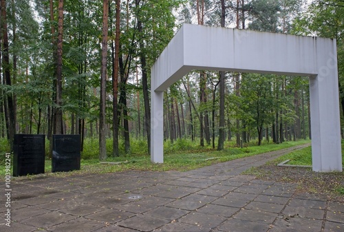 Riga, Lithuania - Sep 13, 2024: Bikernieki memorial. Here 25,000 German Jews were deported to Riga and killed in Bikernieki Forest during World War II. Cloudy summer day. Selective focus photo