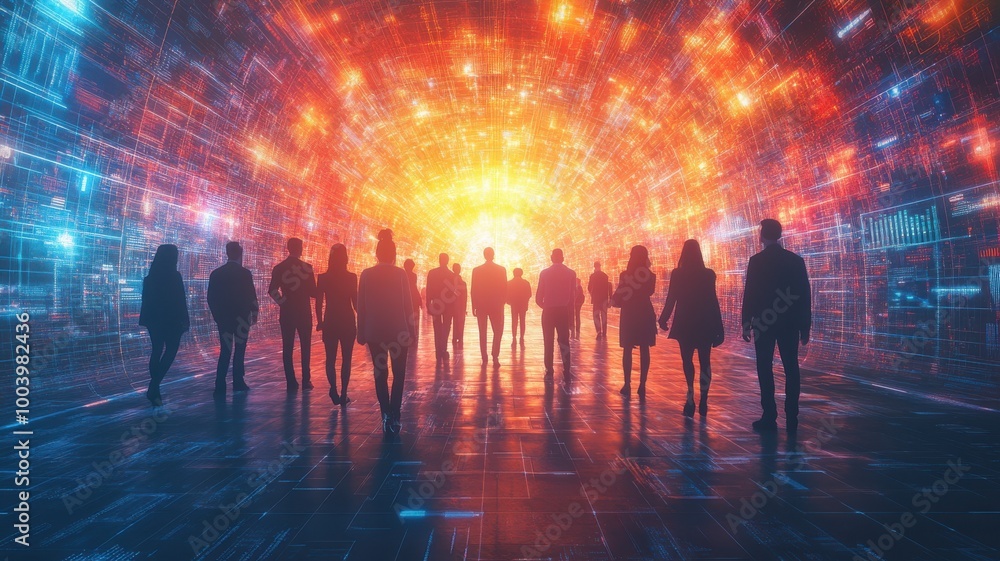 Silhouetted figures standing against a vibrant, glowing background. Silhouetted figures standing against a vibrant, glowing background.