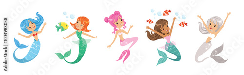Cute Girl Mermaid Character with Female Body and Fish Tail Vector Set