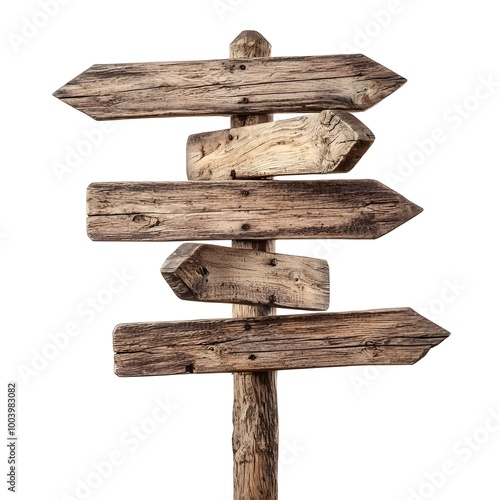 Wooden Signpost with Multiple Arrows Pointing in Different Directions on Isolated Background