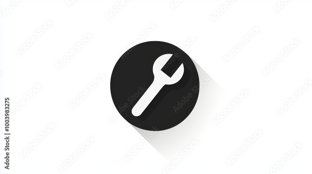 A simple wrench icon in a flat design. The white wrench symbol is on a black circle against a white background. A simple wrench icon in a flat design. The white wrench symbol is on a black circle against a white background.