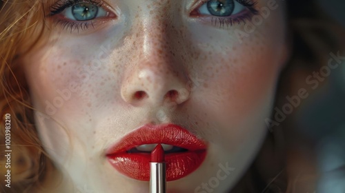 Close-up of a woman with red lipstick accentuating her lips, showcasing vibrant makeup and freckled skin. photo