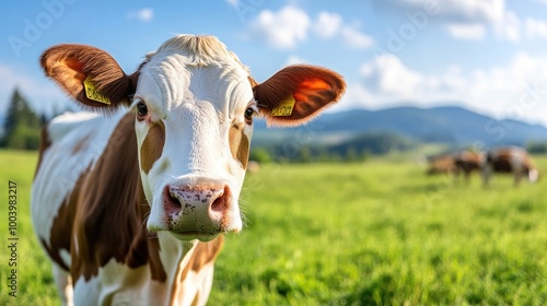 Content Brown Cow in Bright Green Field