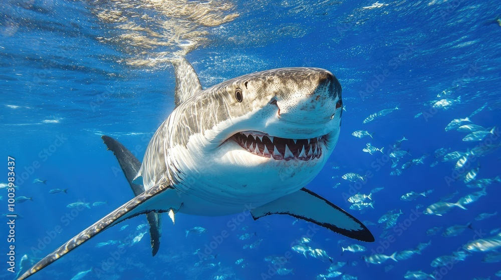Fototapeta premium Great White Shark Swimming in Clear Blue Water