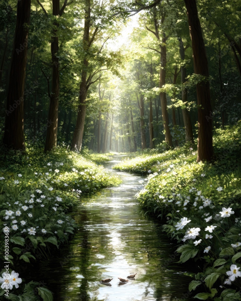 Serene Forest Stream with Sunlight and Blossoms Serene Forest Stream with Sunlight and Blossoms