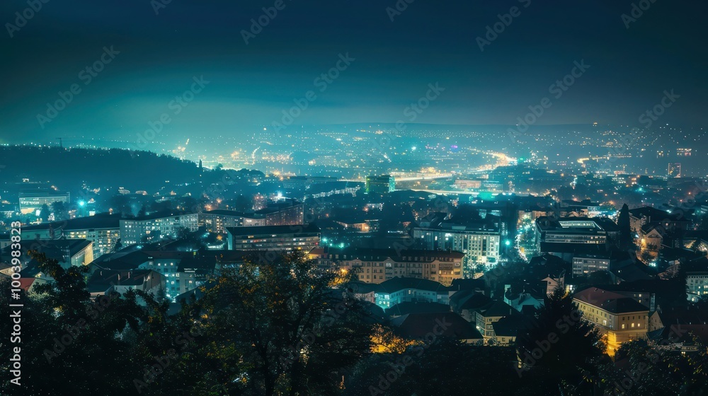Fototapeta premium Cityscape at Night: A European cityscape illuminated at night with lights