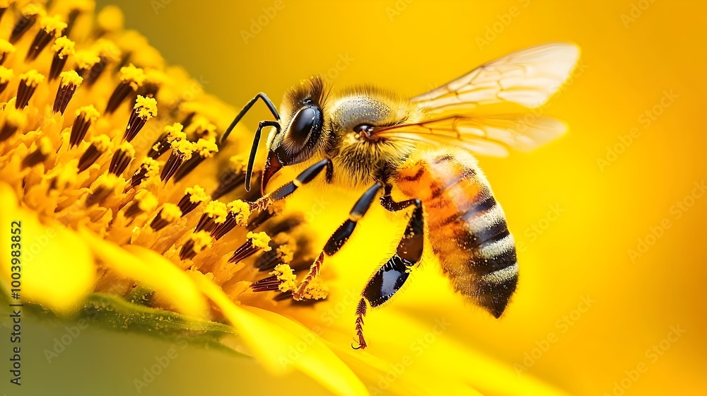 Closeup of a honey bee pollinating a bright yellow sunflower collecting nectar and pollen from the plant s vibrant floral bloom in a natural outdoor setting Closeup of a honey bee pollinating a bright yellow sunflower collecting nectar and pollen from the plant s vibrant floral bloom in a natural outdoor setting