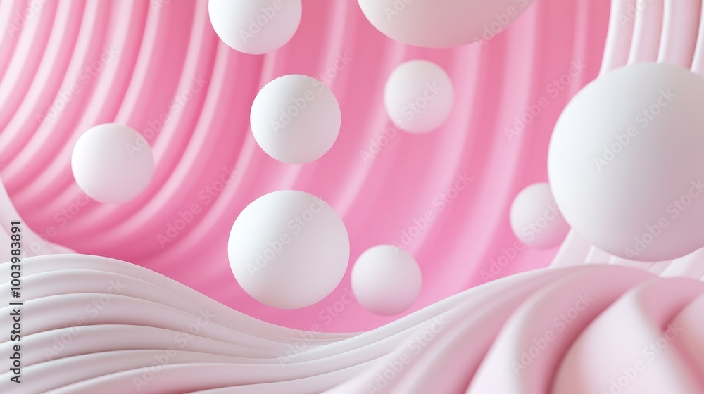 Soft Pink Background with 3D White Spheres and Waves Soft Pink Background with 3D White Spheres and Waves