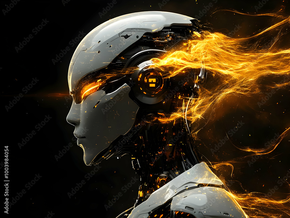 Futuristic robotic head with glowing orange accents and digital features on a dark background. Futuristic robotic head with glowing orange accents and digital features on a dark background.