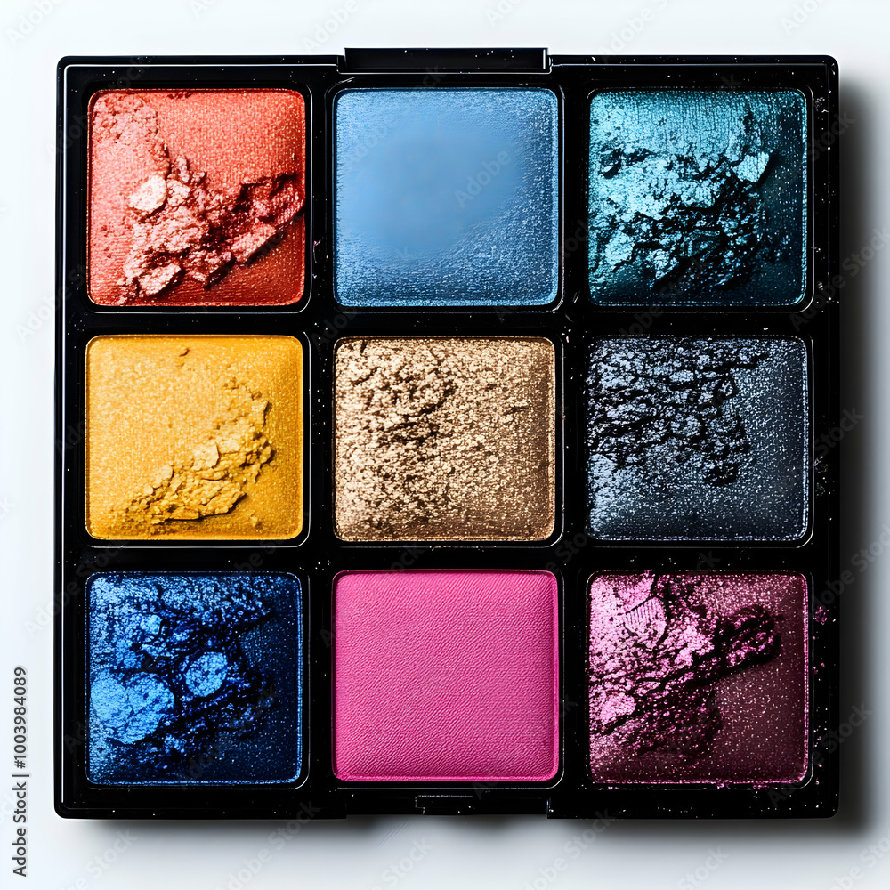 Fototapeta premium Colorful eyeshadow palette featuring vibrant hues and textures against a white isolated background.