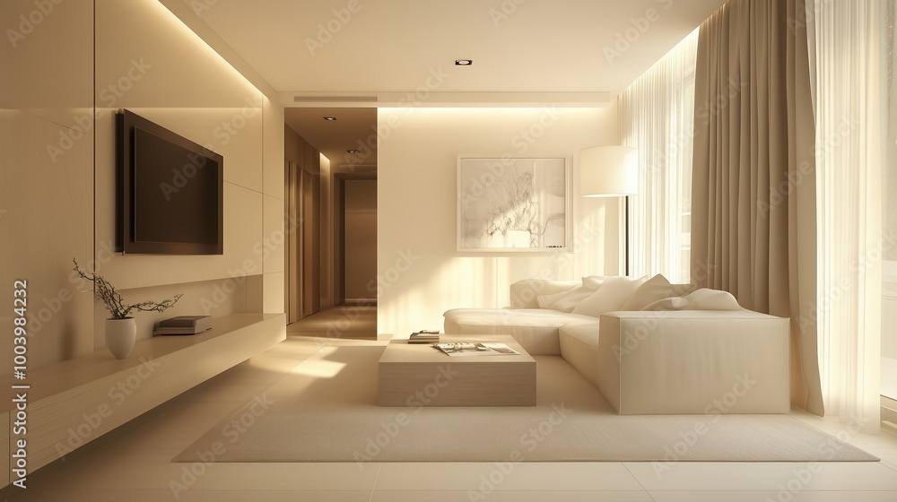 Elegant modern living room with soft lighting and minimalist design, showcasing a serene atmosphere in a contemporary home Elegant modern living room with soft lighting and minimalist design, showcasing a serene atmosphere in a contemporary home