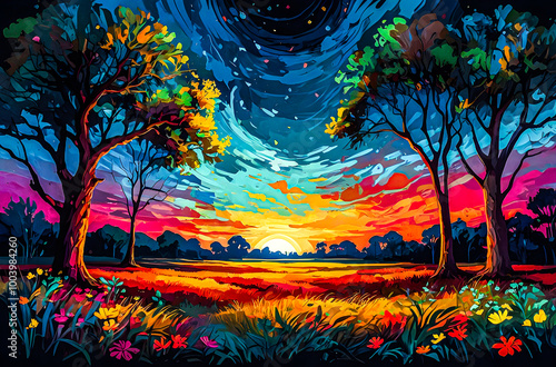 A impressionist oil landscape featuring glowing savannah trees and flowers under a vivid night sky watercolor vector painting art illustration. 