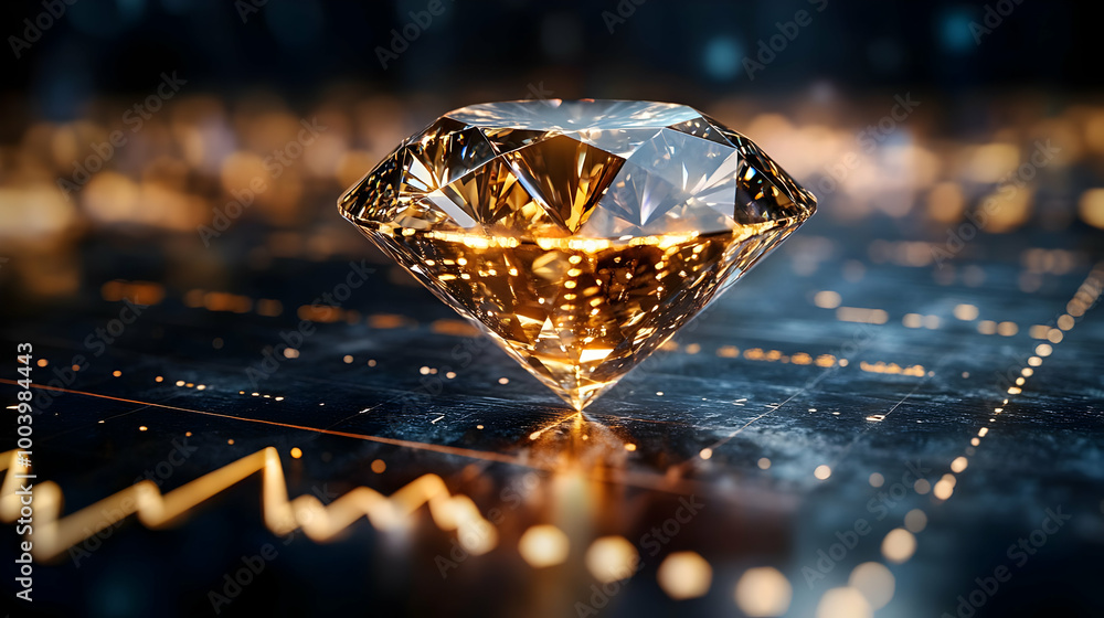 Stunning golden diamond on a digital financial background, symbolizing wealth and investment opportunities.