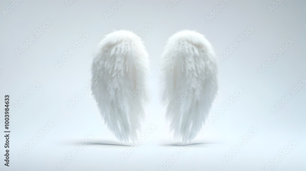 Obraz premium Delicate and fluffy white angel wings set at an angle against a pure white backdrop creating soft dramatic shadows and highlighting the ethereal heavenly nature of the feathers