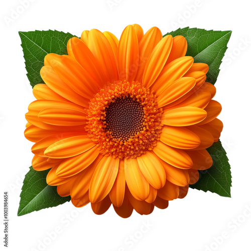 Bright orange gerbera daisy with green leaves, summer flower element, photorealistic, vivid oranges and fresh greens, isolated on white background. 