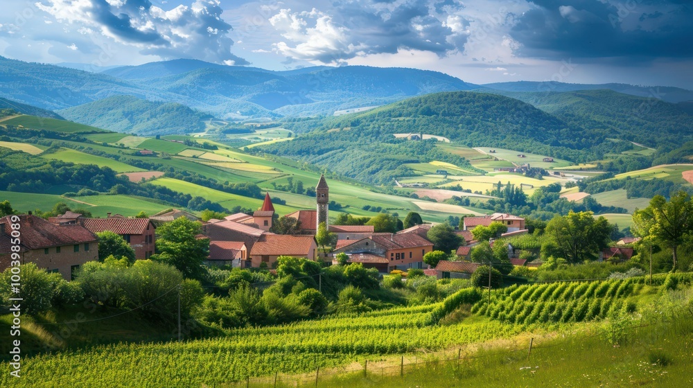 Fototapeta premium Countryside Village: A European village surrounded by rolling countryside hills