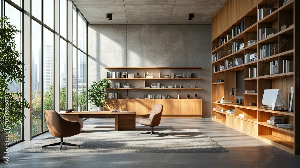 custom made wallpaper toronto digitalModern Office Interior with City View, Bookshelves, and a Wooden Desk