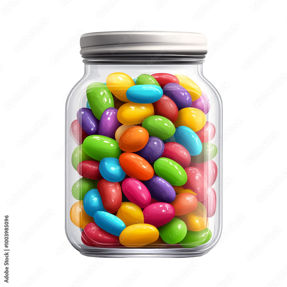 Colorful jellybeans in a small glass jar, candy element, bright and bold colors, isolated on white background. Colorful jellybeans in a small glass jar, candy element, bright and bold colors, isolated on white background.