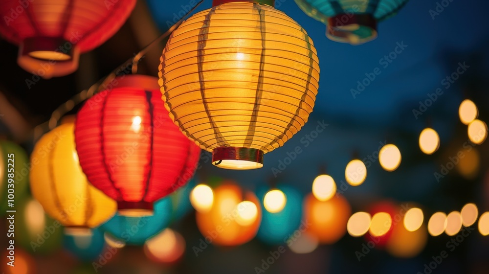 Obraz premium Colorful Illuminated Lanterns Hanging Outdoors in a Festive Night Scene