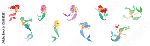 Cute Girl Mermaid Character with Female Body and Fish Tail Vector Set