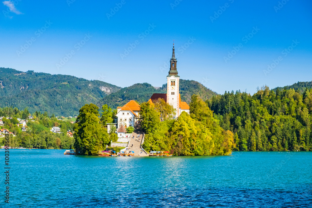 Bled lake in Slovenia in autumn, amazing landscape