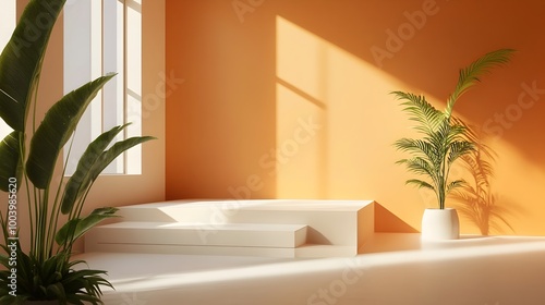 Sleek and modern 3D studio scene featuring a minimalist product display platform with an elevated uncluttered orange tinted space and natural lighting with soft shadows creating a high tech photo