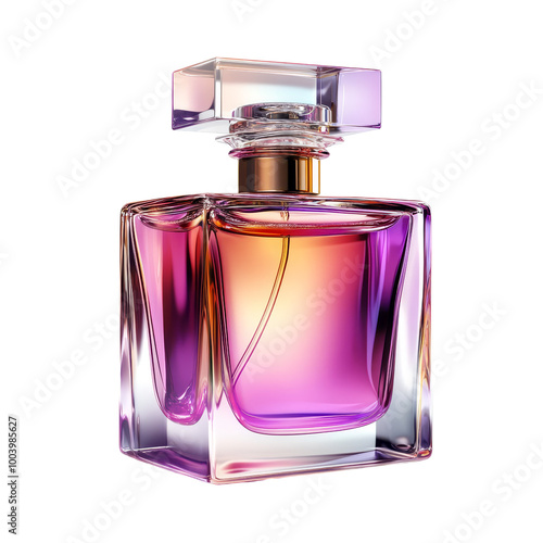 Flat square glass bottle with matte finish, perfume container, hyper-realistic, elegant shades of pink, isolated on white background. 